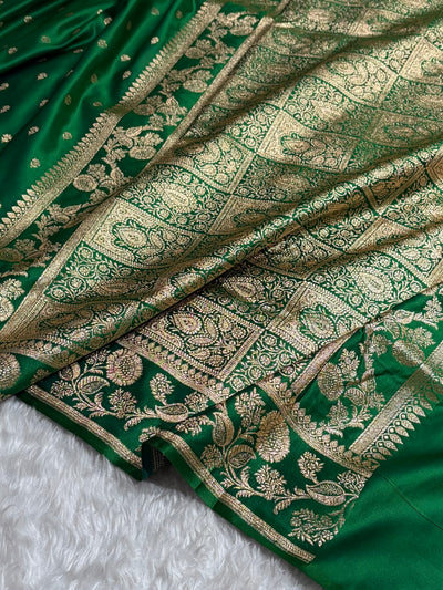 Banarasi Cross Green Shades Floral Pattern Satin Katan Silk Saree SK77