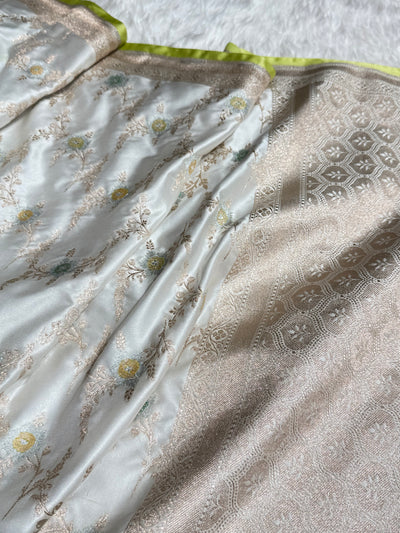 White Minakari Jaal With Green Edge Mashru Silk Saree MCS08