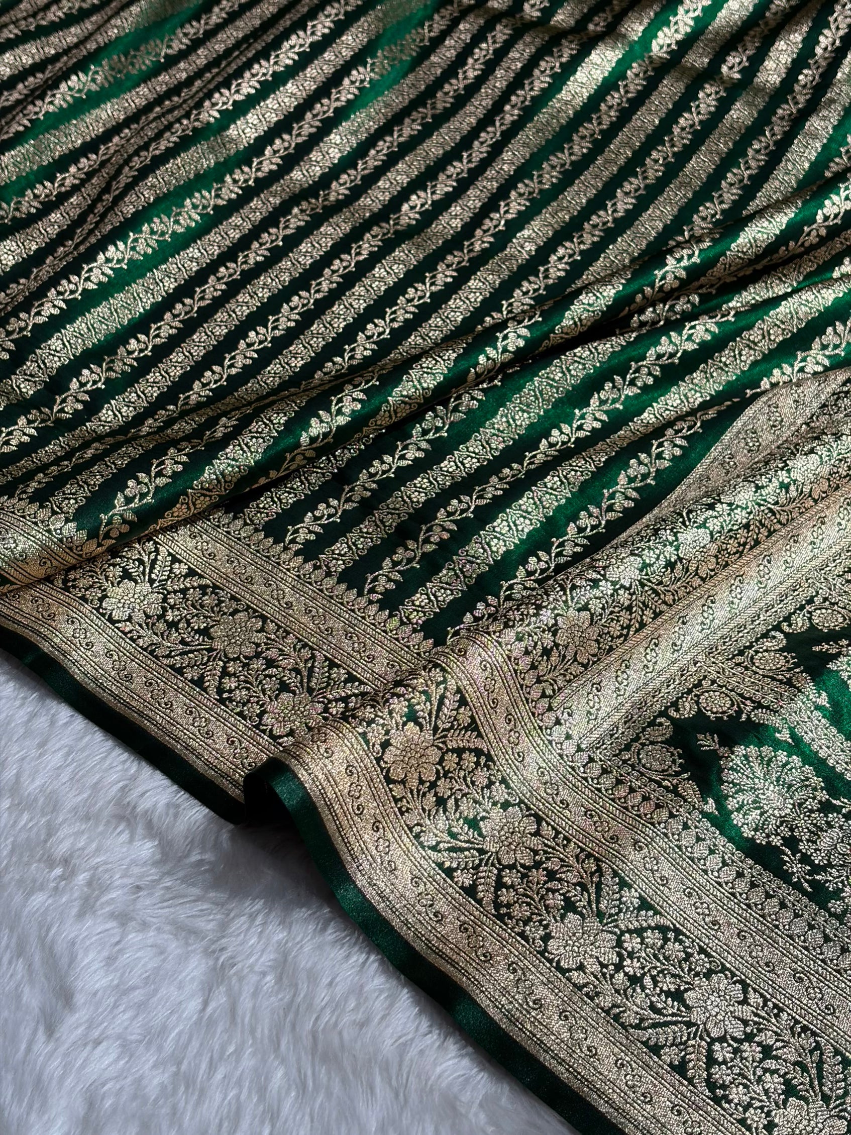 Bottle Green Shades Stripe Pattern Banarasi Satin Silk Saree SS46