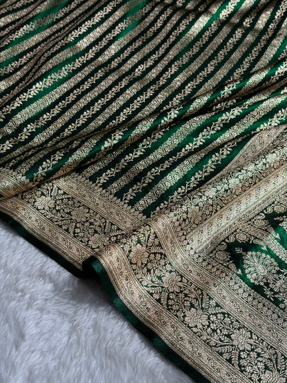 Bottle Green Shades Stripe Pattern Banarasi Satin Silk Saree SS46