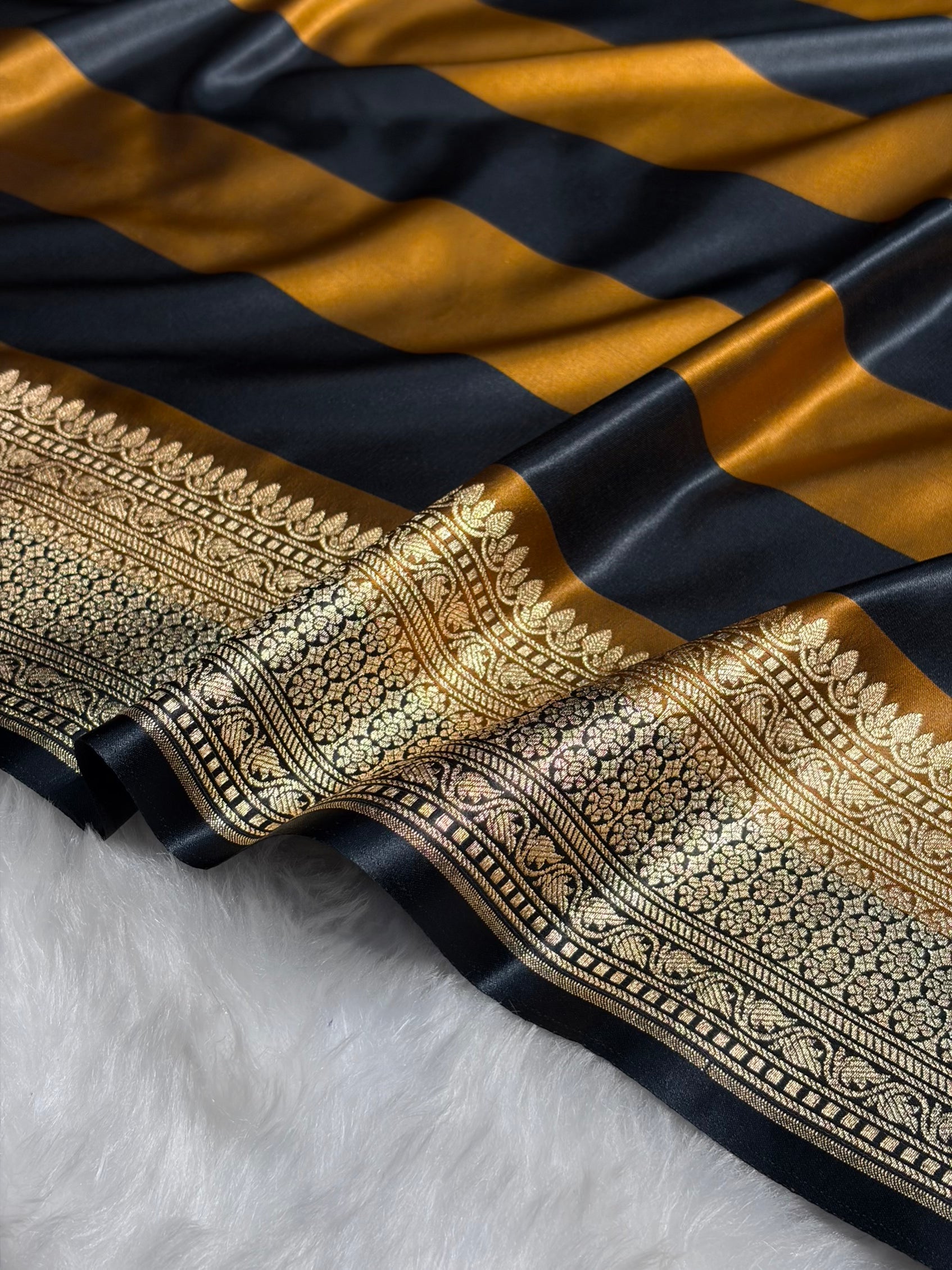 Mustard With Black Horizontal Strips Floral Border & Brocket Blouse Mashru Silk Saree MSM-84