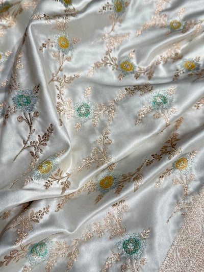 White Minakari Jaal With Green Edge Mashru Silk Saree MCS08