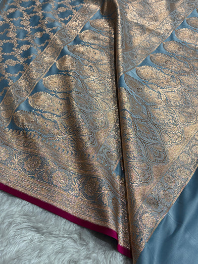 Turquoise Shades Jaal Pattern Satin Katan Silk Saree SK25