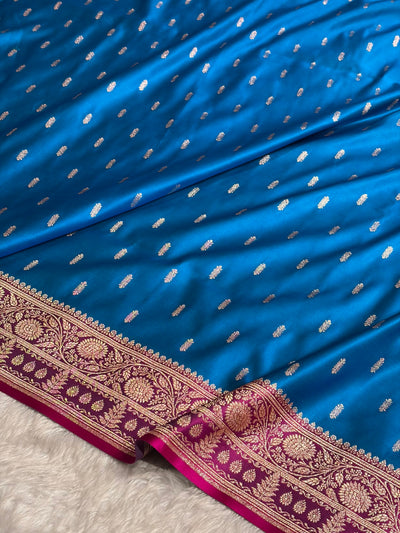 Contrast Firozi / Rani Floral Booti Banarasi Satin Katan Silk Saree SK14