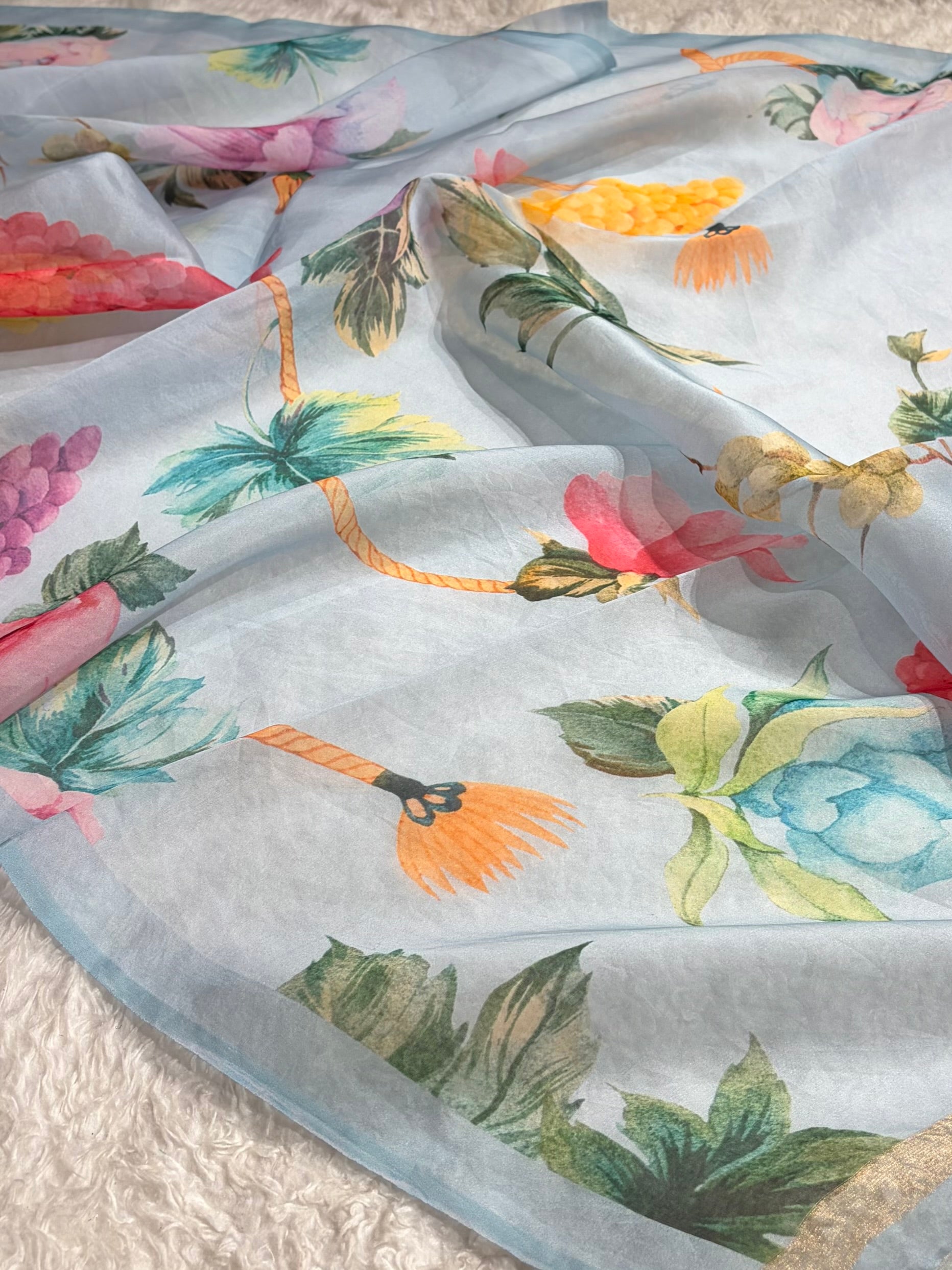 Sky Blue Organza with Pastel Multicolor Florals POP08