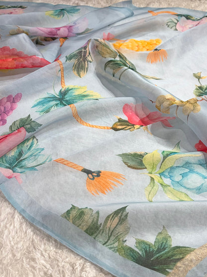Sky Blue Organza with Pastel Multicolor Florals POP08