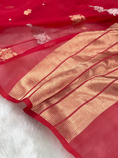 Pure Banarasi Organza Red Shades With Minakari Floral Banarasi Silk Saree PO-24