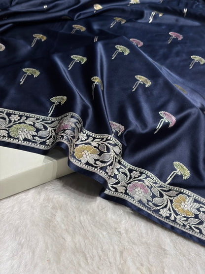 Navy Blue Shades Banarasi Minakari Floral Booti Mashru Silk Saree MS55