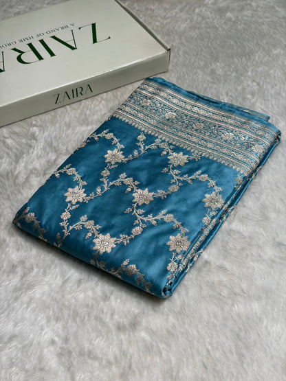 Sky Blue Shades Jaal Pattern Floral Jaal Mashru Silk Saree MS07