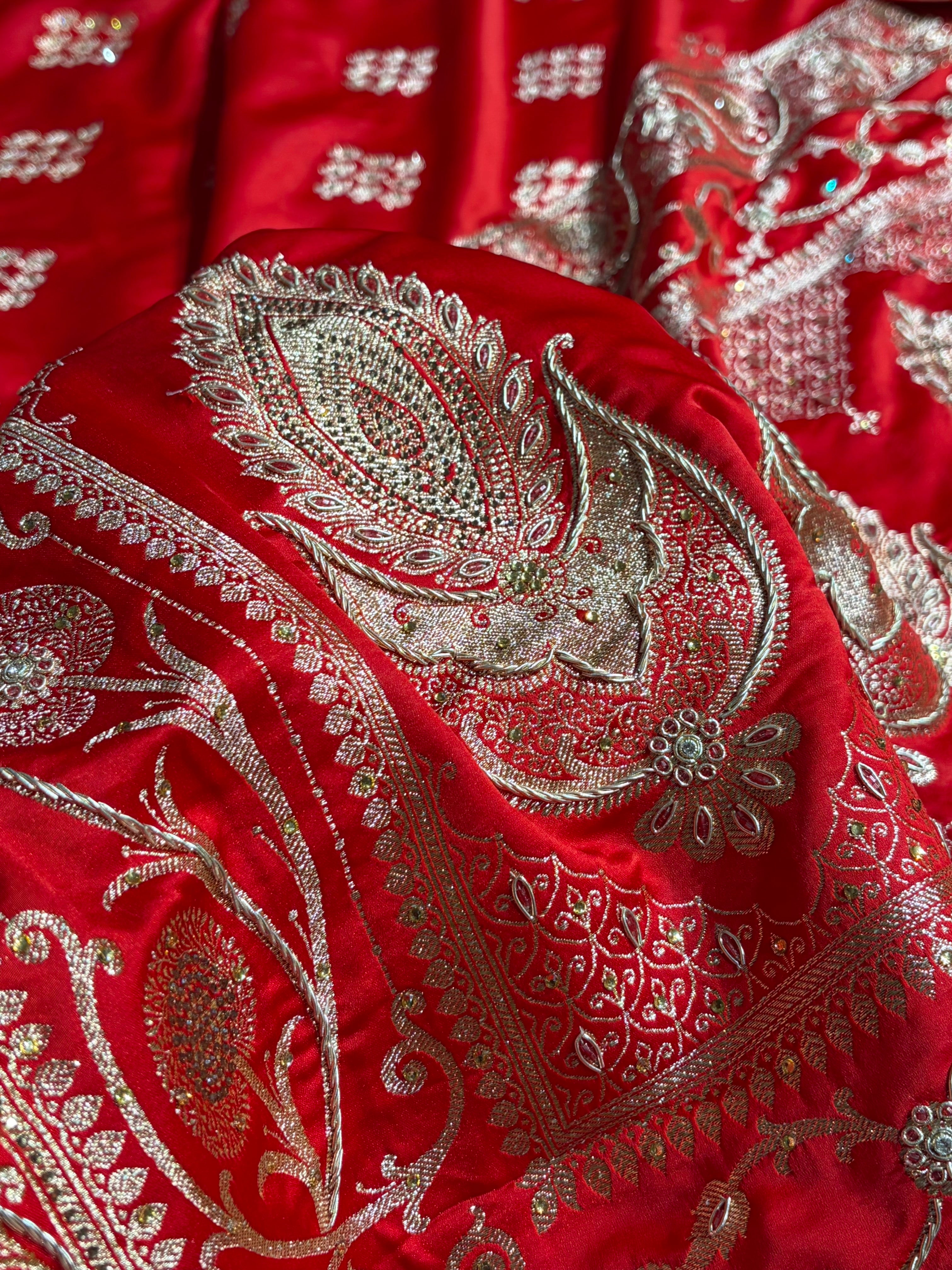 Bridal Red Floral Boota Pattern With Zardozi Stone Work Satin Katan Silk saree BSK34