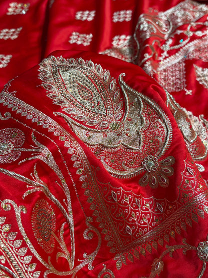 Bridal Red Floral Boota Pattern With Zardozi Stone Work Satin Katan Silk saree BSK34