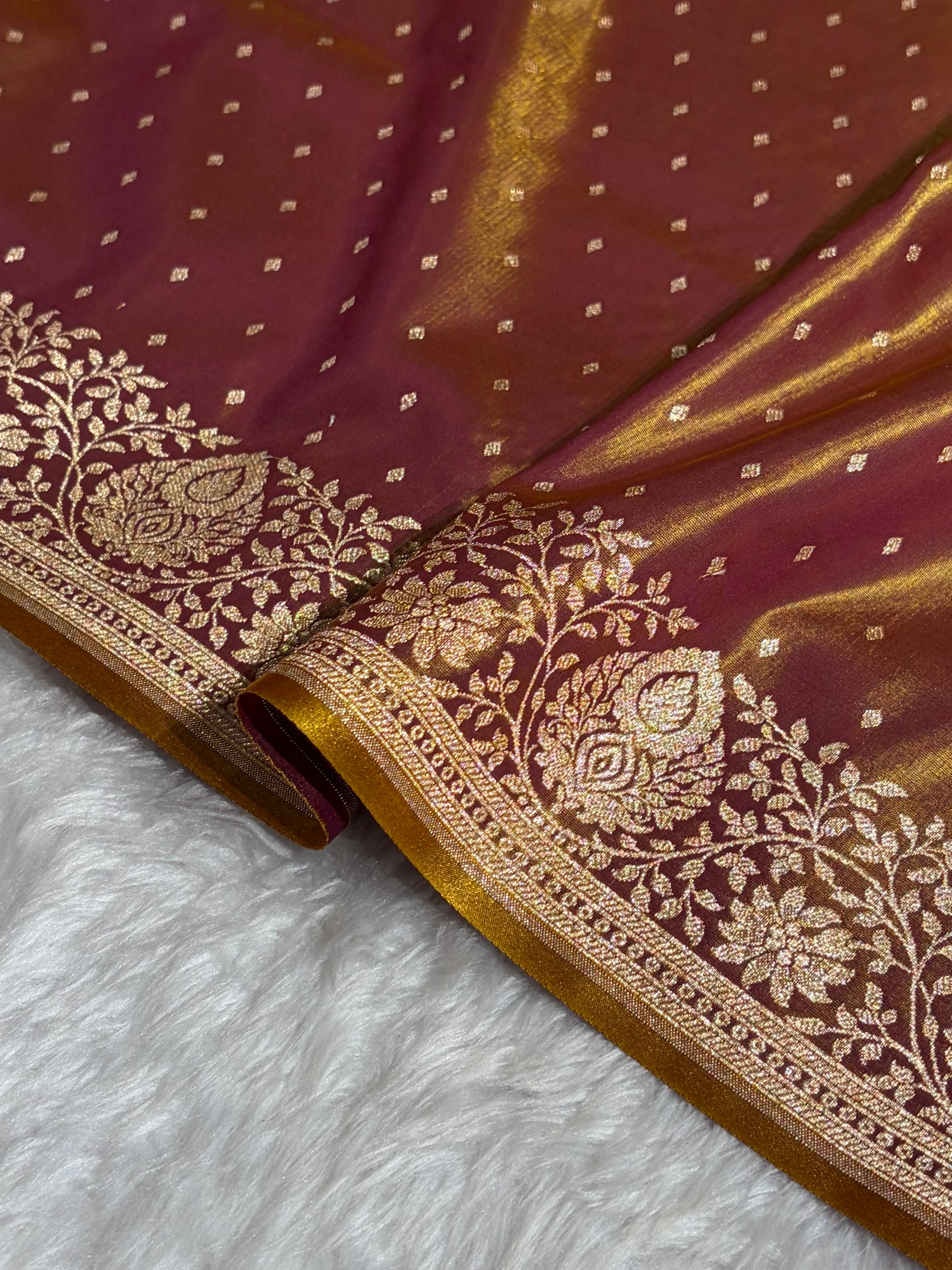 Satin Silk Saree Floral Boota in Magentic Gold Shades SS28