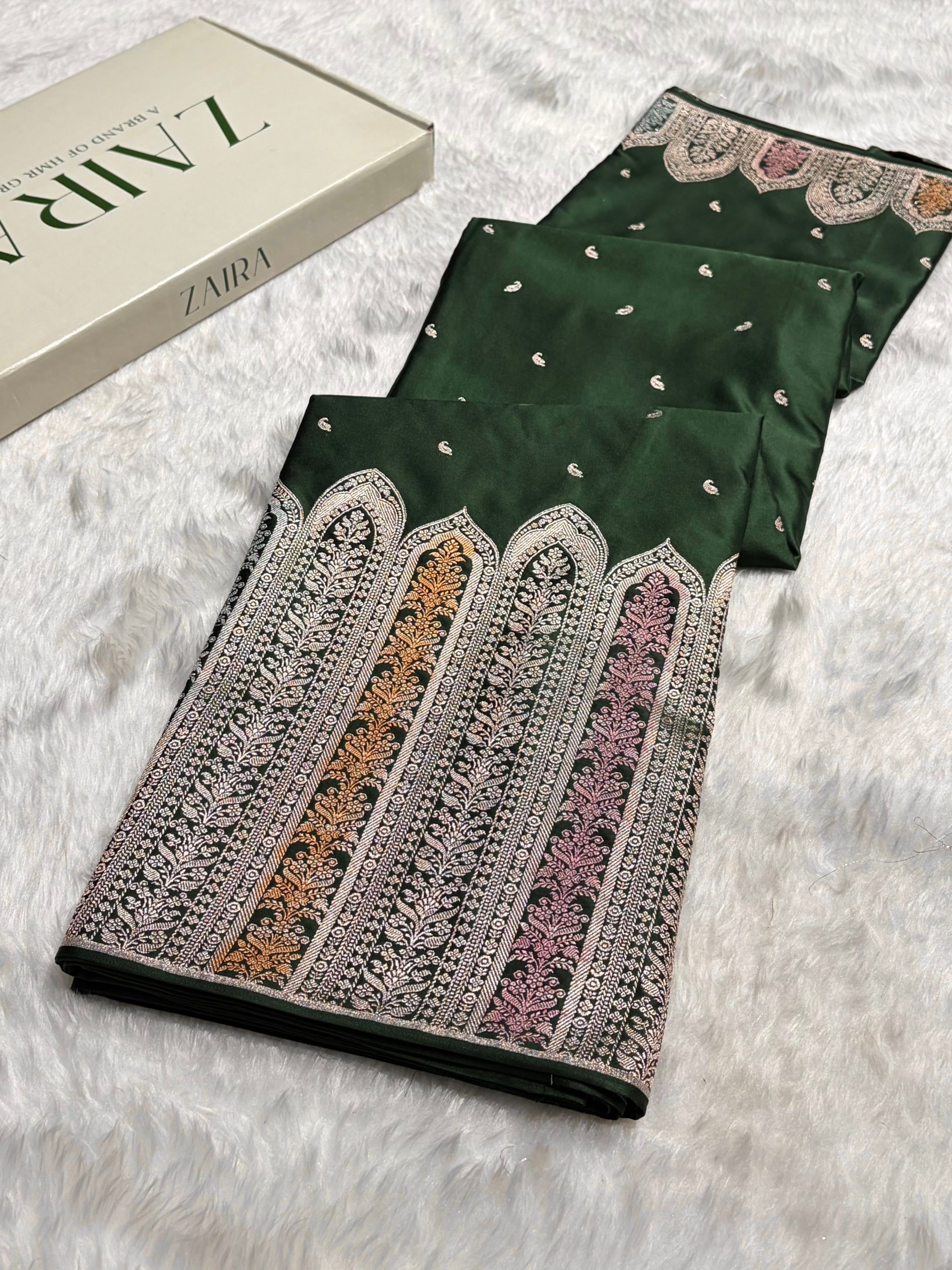 Skirt Border Bottle Green Minakari Mashru Silk Saree MS13