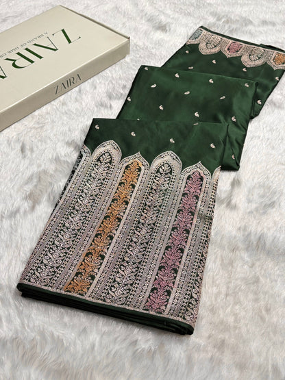 Skirt Border Bottle Green Minakari Mashru Silk Saree MS13