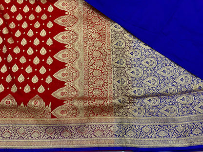 Red Blue Contrast Satin Silk Saree