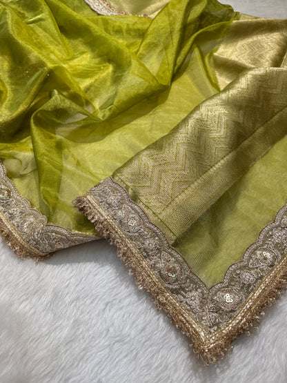 Semi Pure Tissue Silk Saree with Heavy Gotta Patti in Apple Green Shades TGP07