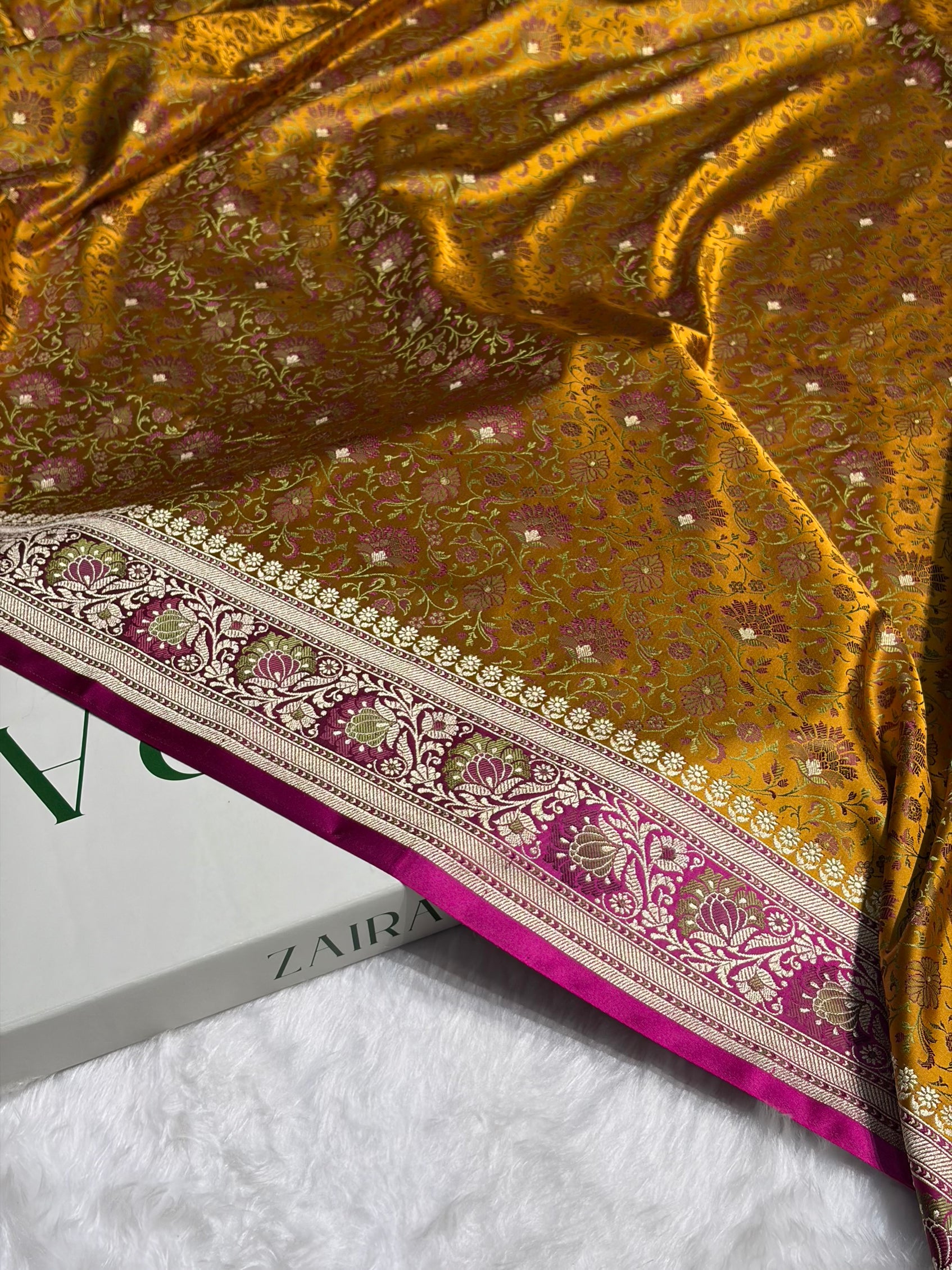 Mustard - Rani Contrast Jamawar Tanchoi Jaal Katan Silk Saree SKTM-18