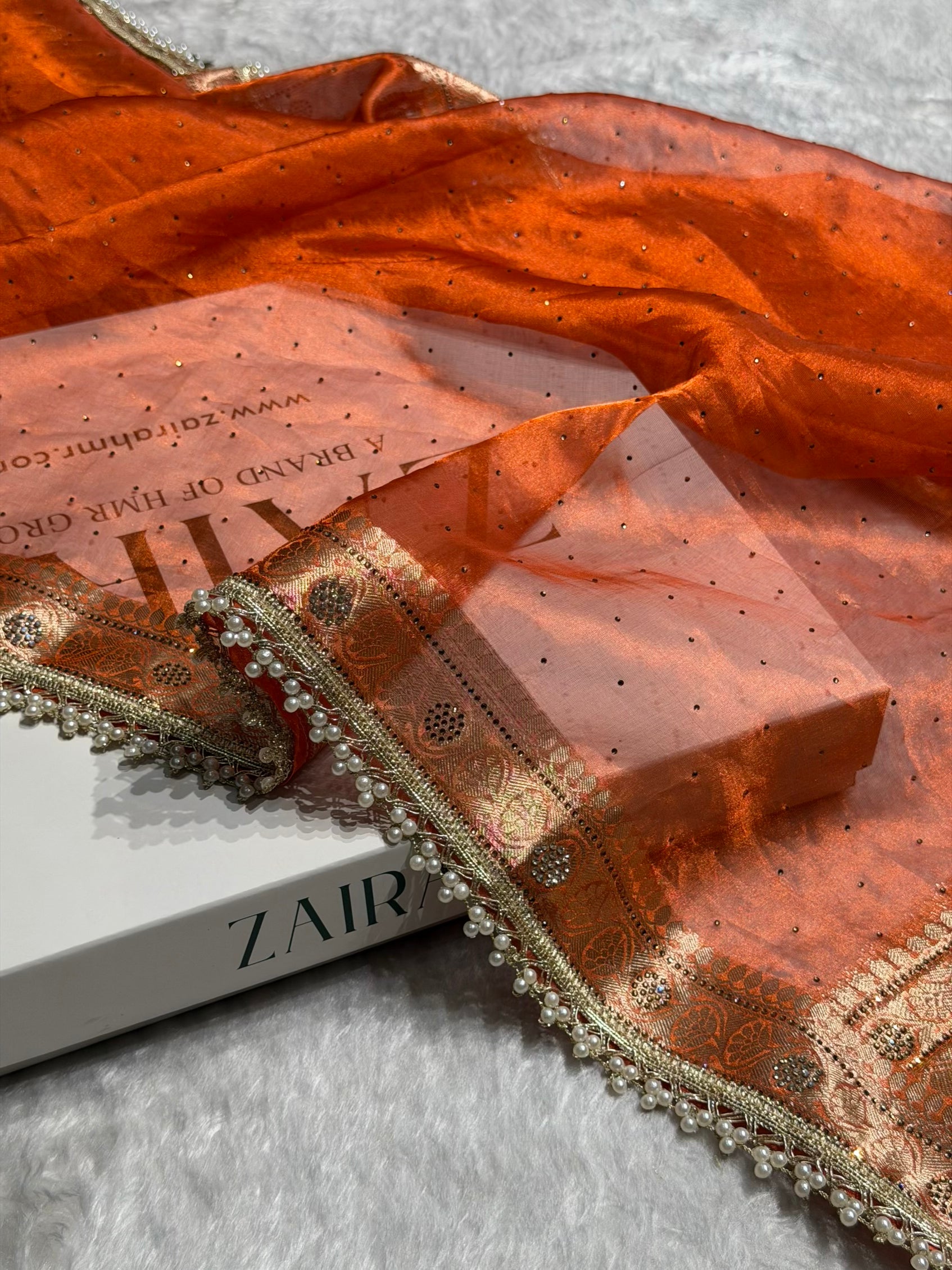 Orange Shades Pure Tissue Silk With Banarasi Swarovski Work Saree with Brocade Blouse BPGPT-09