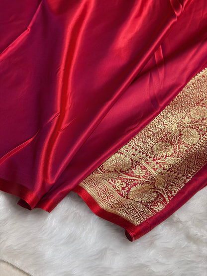Magentic Red Floral Boota Pattern Satin Katan Silk Saree SK72