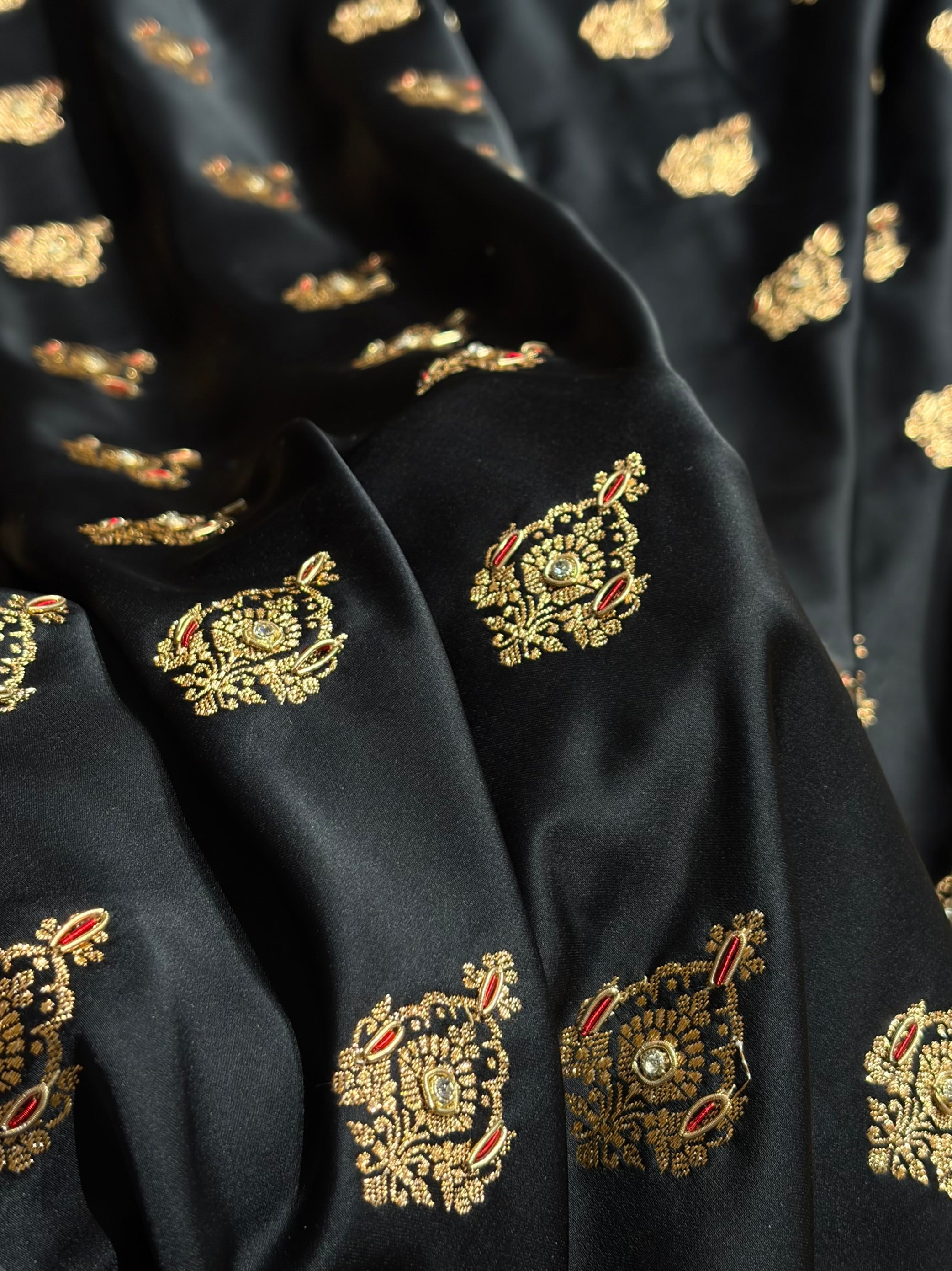 Banarasi Satin Katan Saree With Aari Zardozi Work Boota in Black Shades BSK98