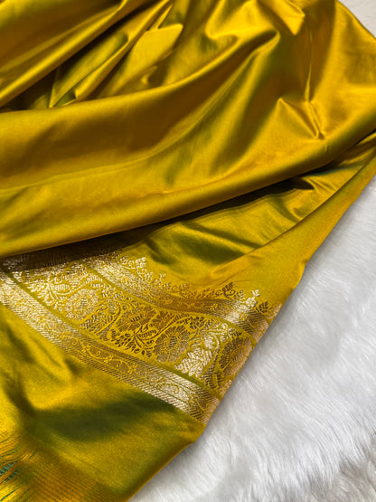 Mehandi Green Floral Jaal Pattern Satin Katan Silk saree SK42