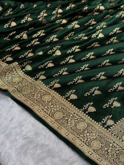 Banarasi Satin Katan Saree With Boota in Bottle Green Shades SK100