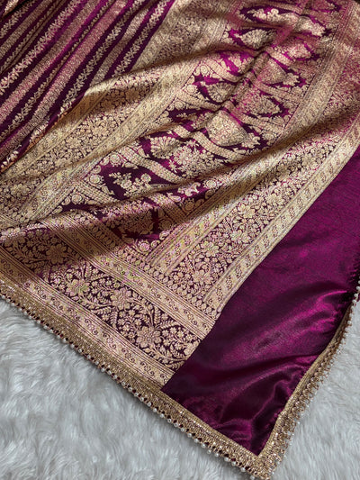 Satin Silk Strip pattern in Wine Shades With Gota Patti SSGP46