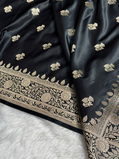 Black Shades Floral Boota Satin Katan Silk saree SK32