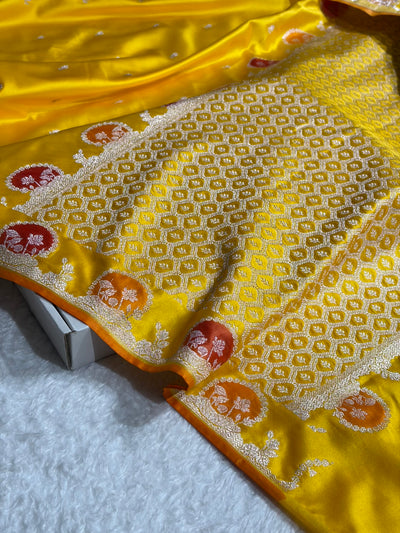 Banarasi Yellow Shades With Minakari Floral Mashru Silk Saree MCS91