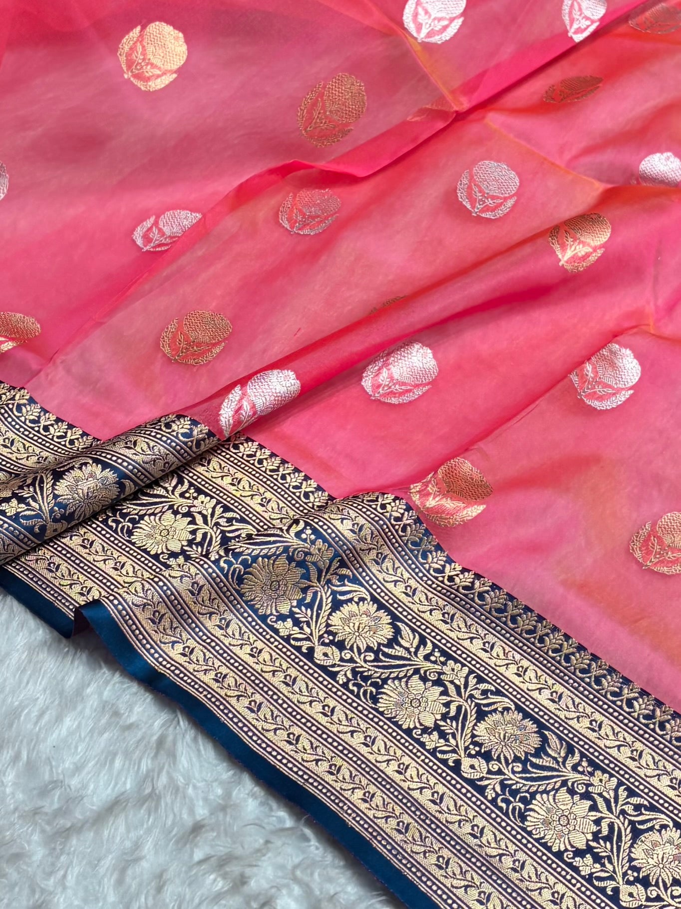 Contrast Pure Banarasi Organza Baby Pink With German Blue Floral Banarasi Silk Saree PO-14