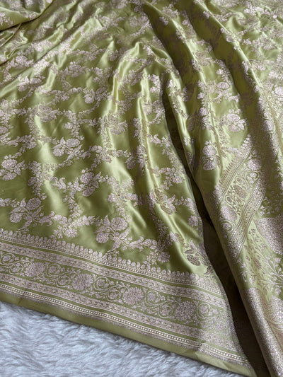 Pista Banarasi With Floral Jaal Pattern Mashru Silk Saree MSM-130