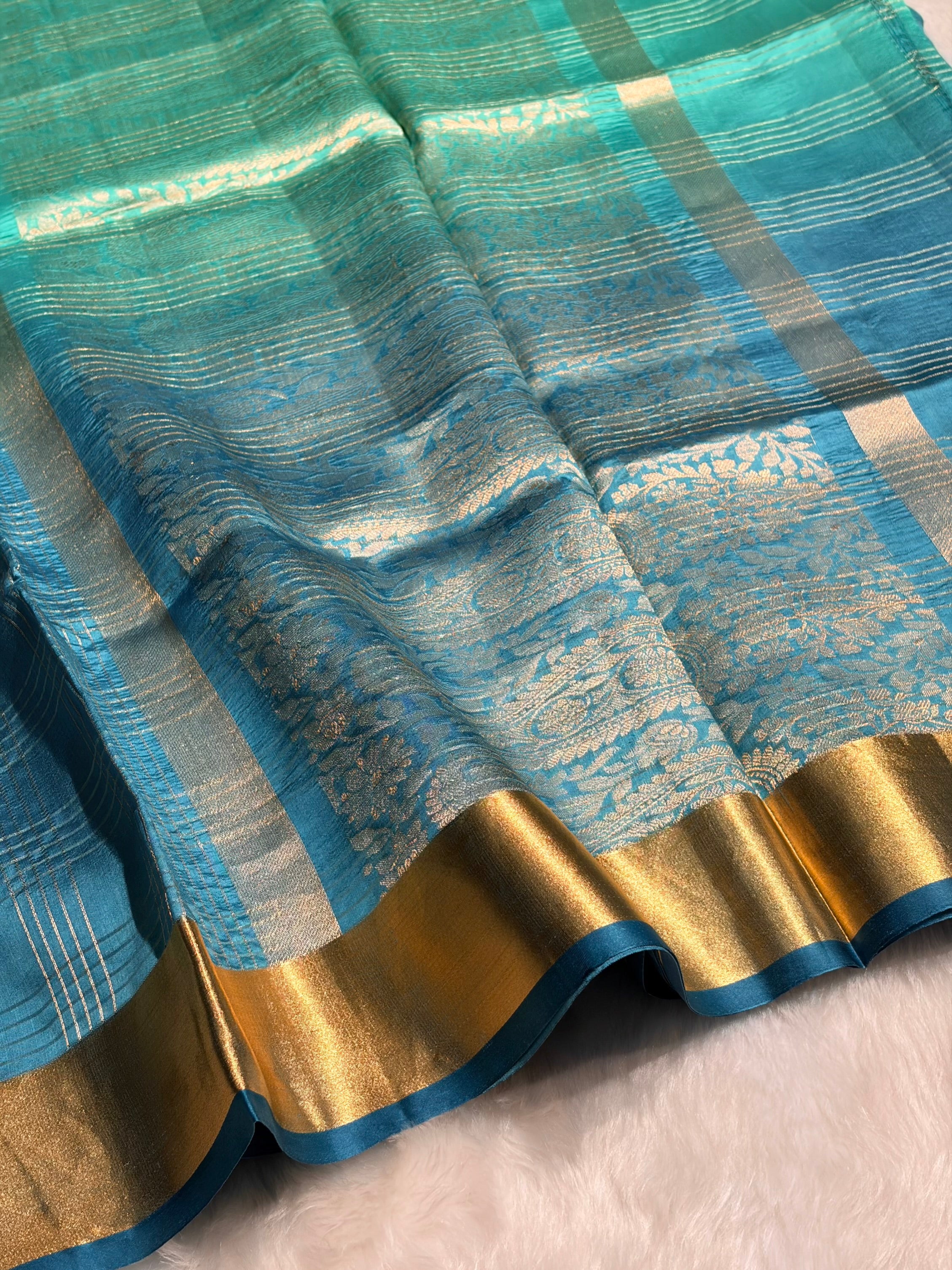 Ombré Ocean Blue Handwoven Pure Katan Raw Mango Silk RM-04