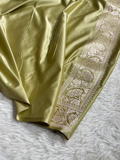 Pista Shades Banarasi With Floral Jaal Pattern Mashru Silk Saree MSM-134