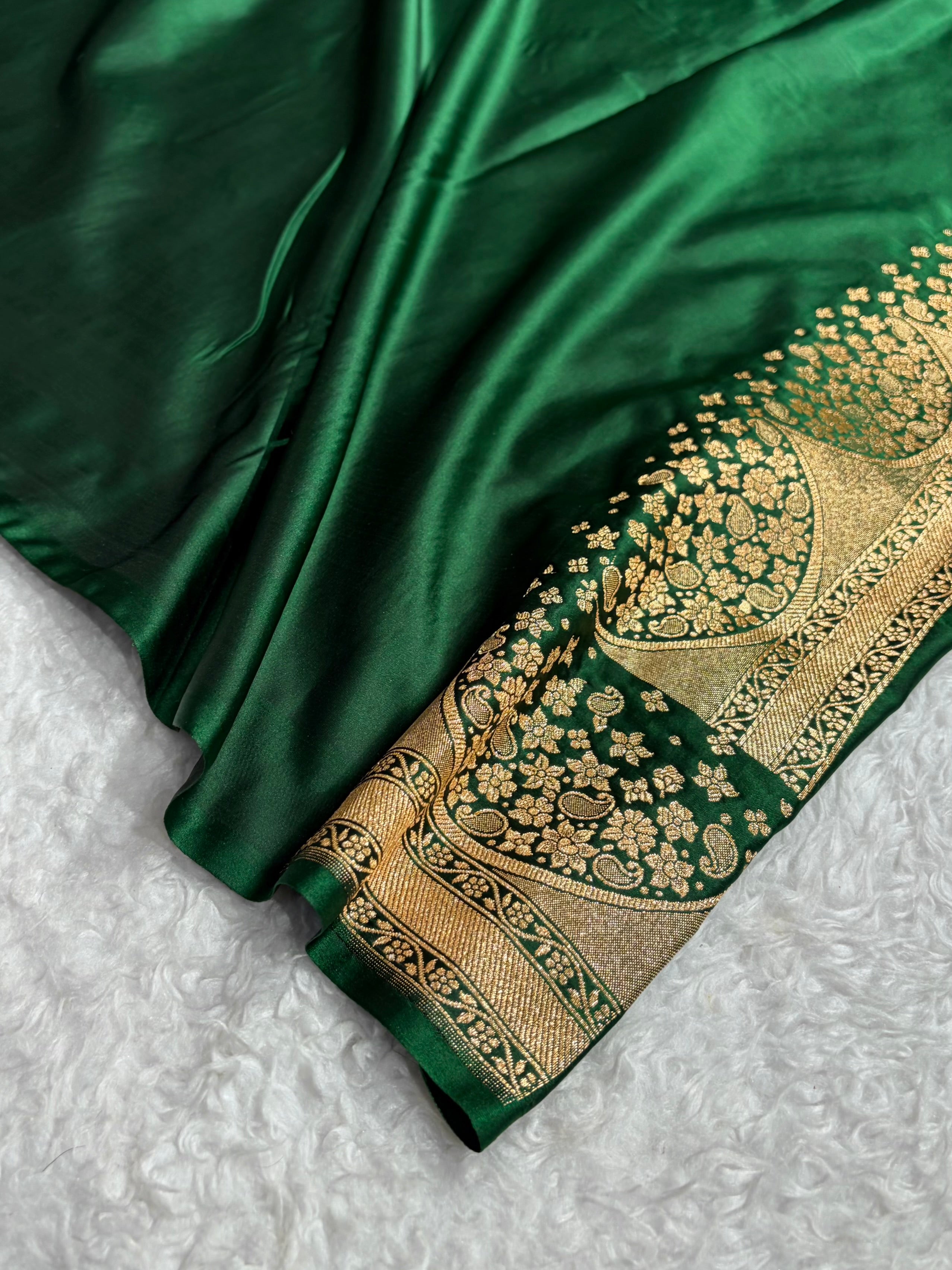 Banarasi Satin Katan Saree With Boota in Bottle Green Shades SK111