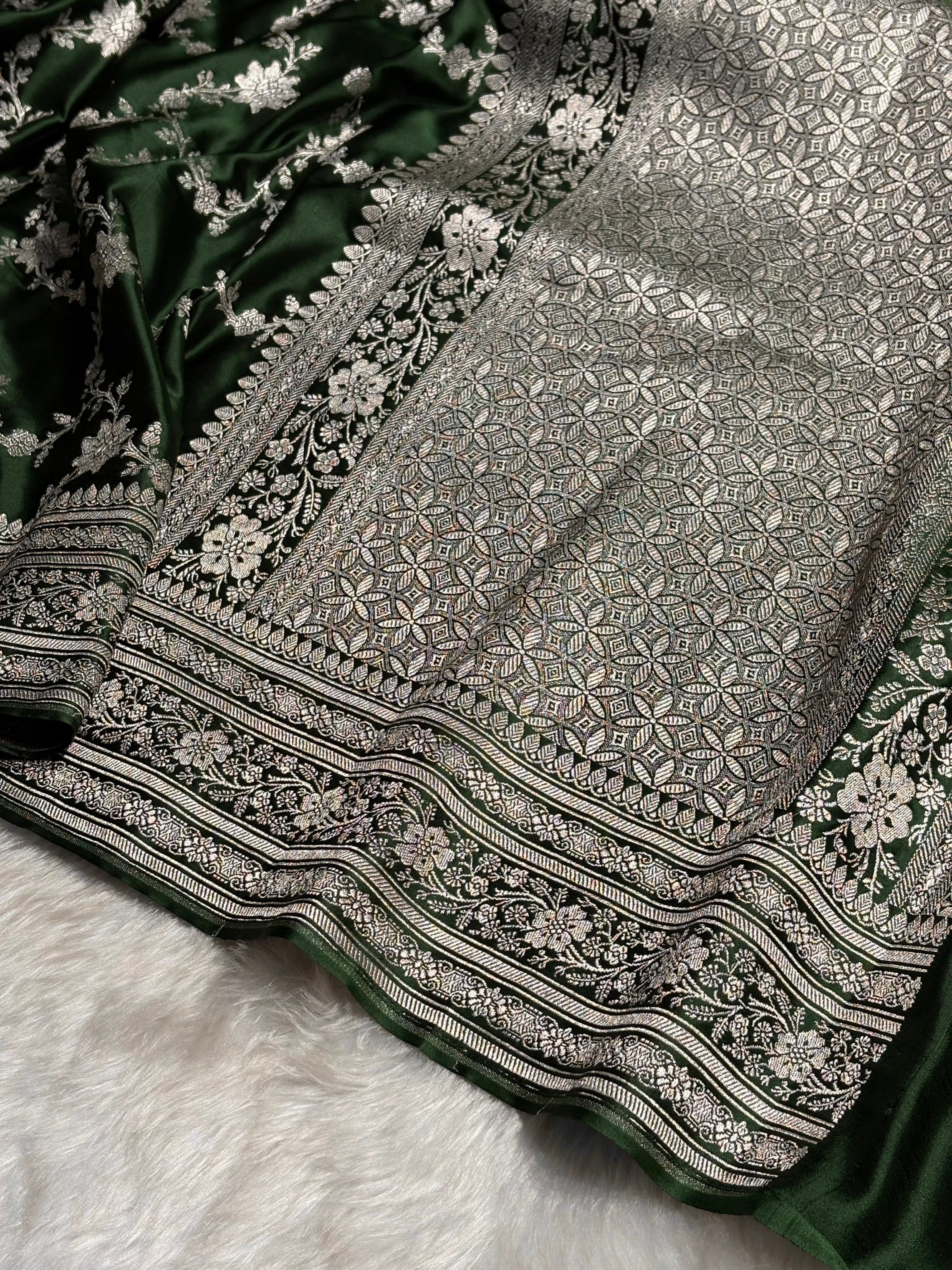 Bottle Green Floral Jaal Mashru Silk Saree