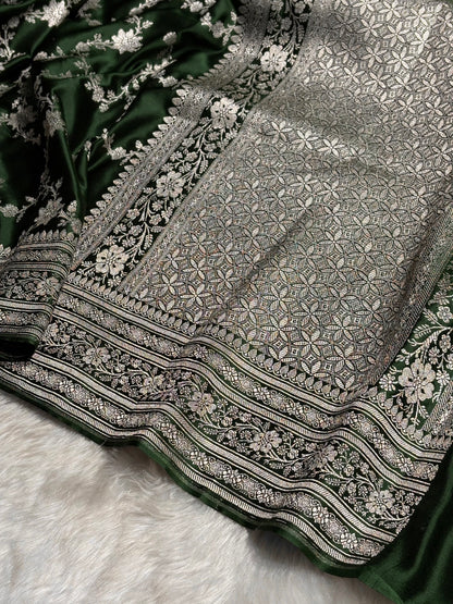 Bottle Green Floral Jaal Mashru Silk Saree