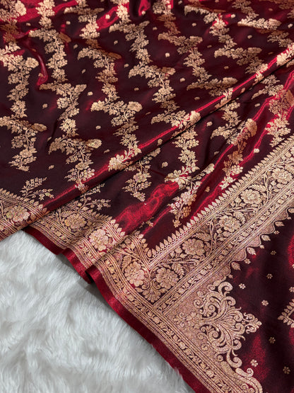 Satin Silk Saree Banarasi Cross with booti In Maroon Shades SS22