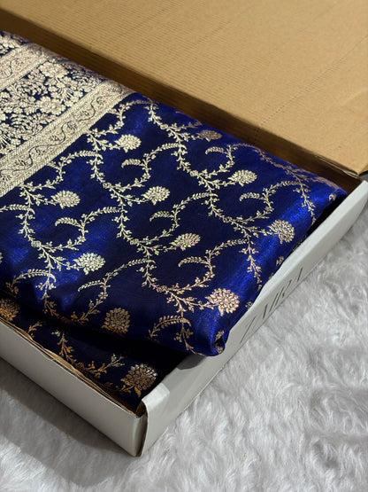 Royal Blue Shades Jaal Pattern Banarasi Satin Silk Saree SS43