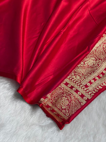 Magentic Red Shades Cross Floral Pattern Satin Katan Silk Saree SK79