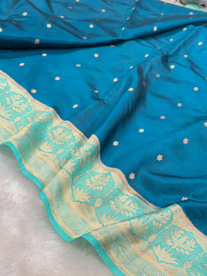 Banarasi German Blue With Sea Green Contrast Shades Handwoven Pure Paper Silk Saree RM-89