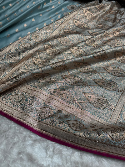 Turquoise Swarovski Work Booti Satin Katan Silk Saree BSK10 (W)