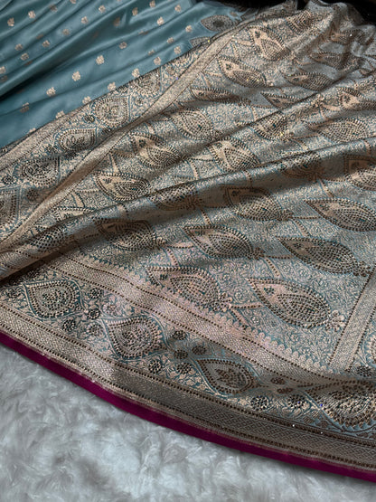 Turquoise Swarovski Work Booti Satin Katan Silk Saree BSK10 (W)