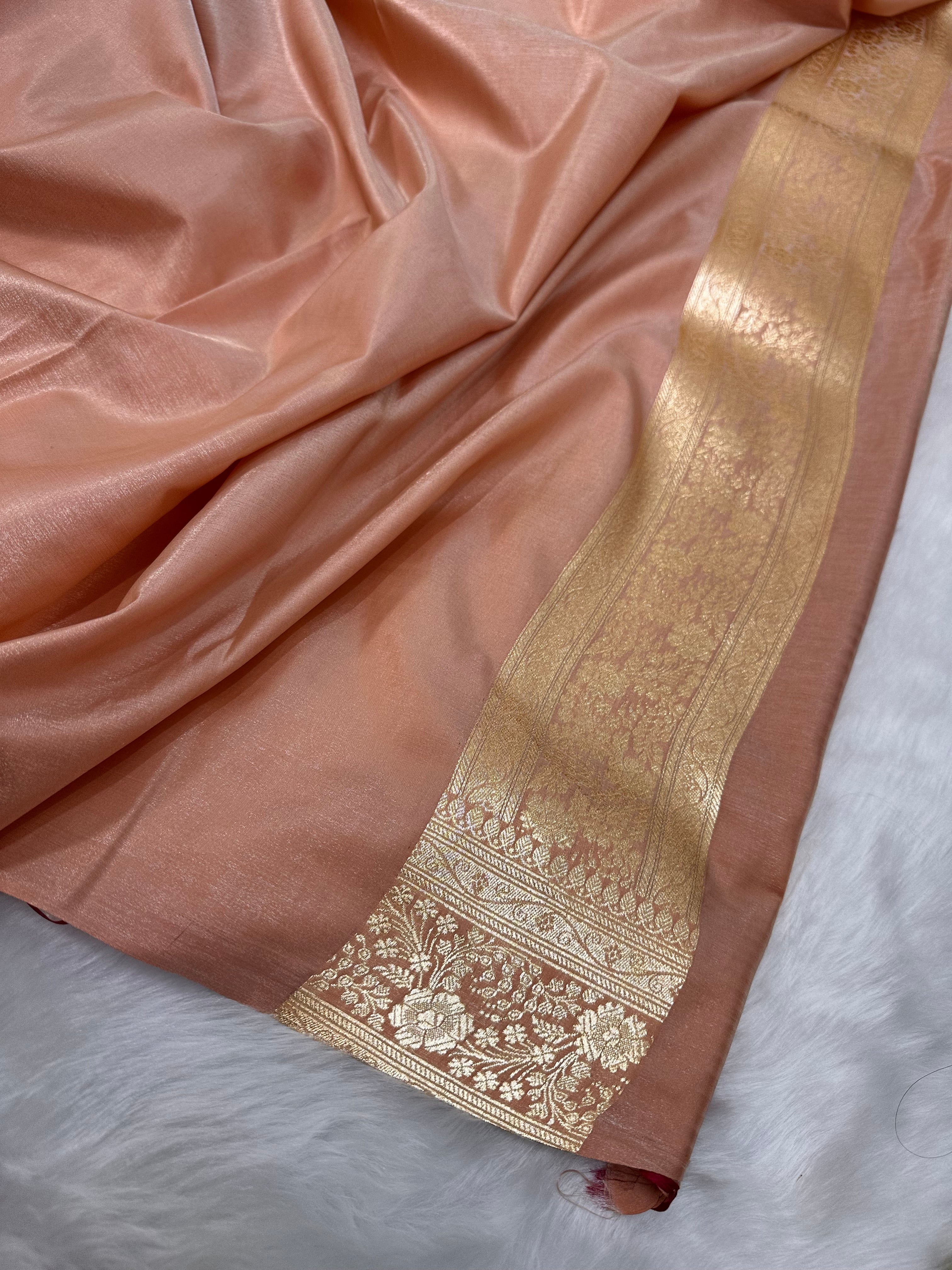 Dusty Peach Shades Satin Silk Jaal Pattern Banarasi Saree