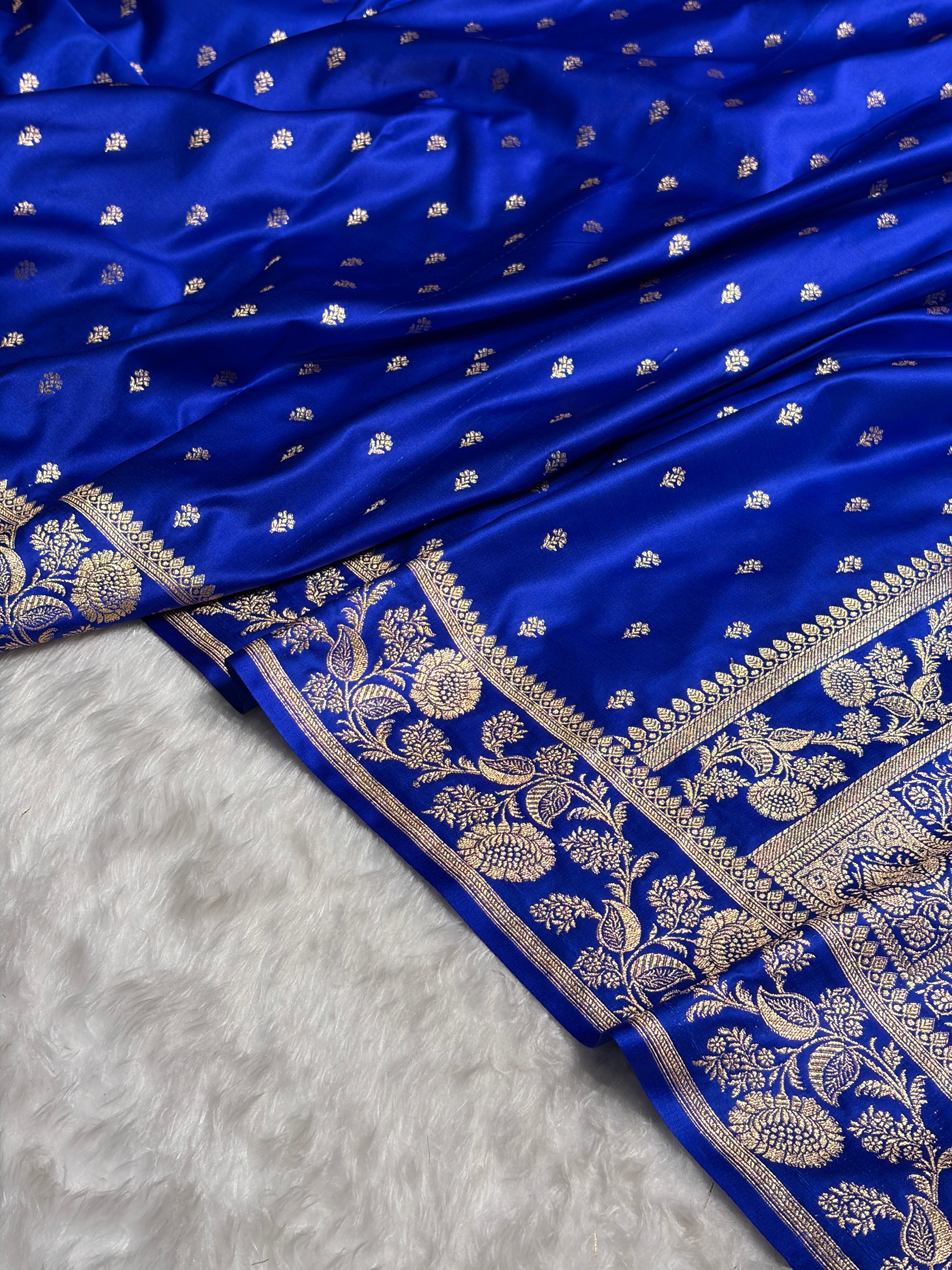 Royal Blue Floral Pattern Satin Katan Silk Saree SK77
