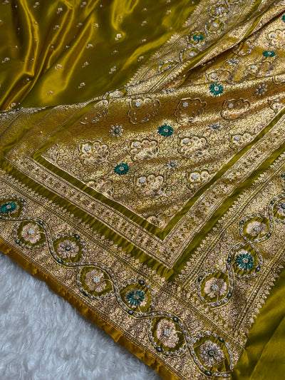 Mehandi Booti Pattern With Ari Stone Pearl Work Satin Katan Silk Saree BSK54