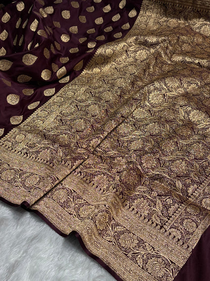 Dark Chocolate Katan Silk Saree In Boota Floral Motif