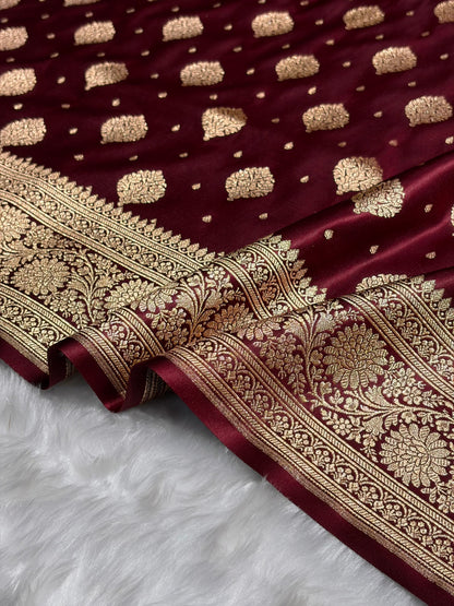 Garnet Unique Boota Pattern Satin Katan Silk Saree SK69