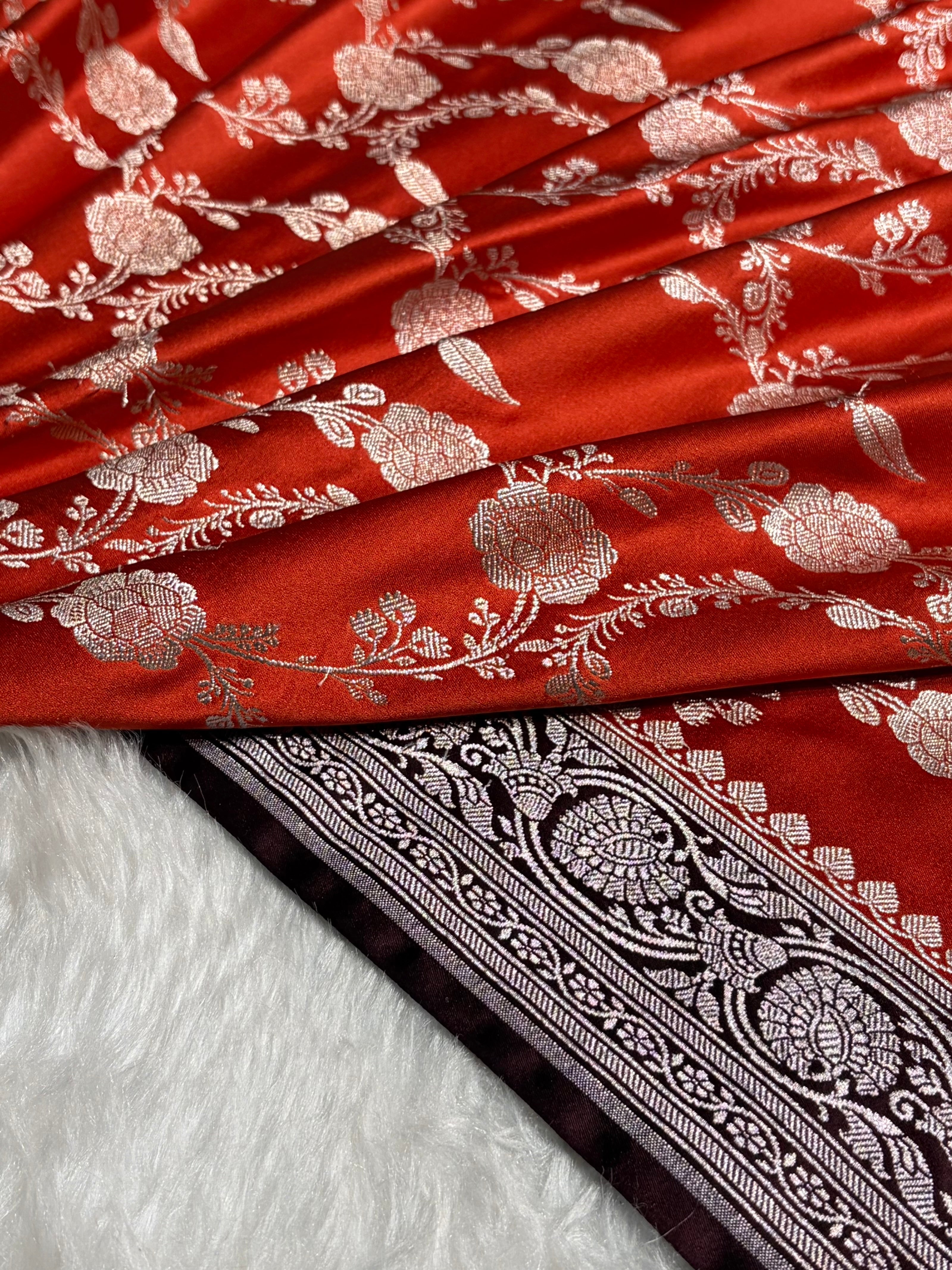 Contrast Orange With Garnet Shades Floral Jaal Pattern Mashru Silk Saree MS76