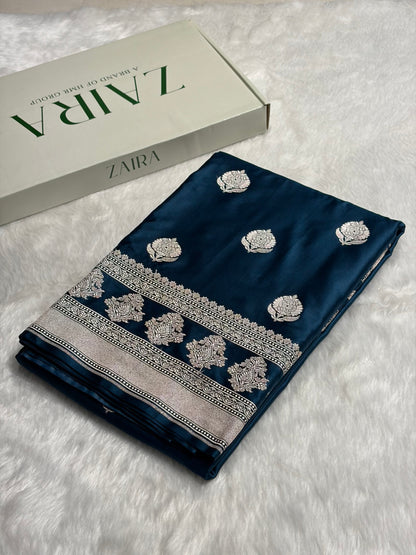 German Blue Boota Motif Mashru Silk Saree MS43