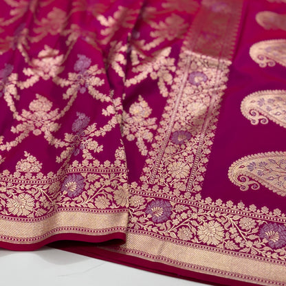 Magenta Antique-Gold Jaal Blended Katan Silk